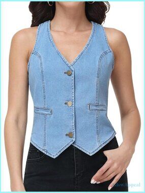Sleeveless V Neck Button Down Fitted Cropped Jean Vest